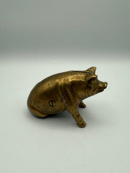 VTG Valleau Brass Sitting Pig Piggy Coin Bank Stamped V /ro