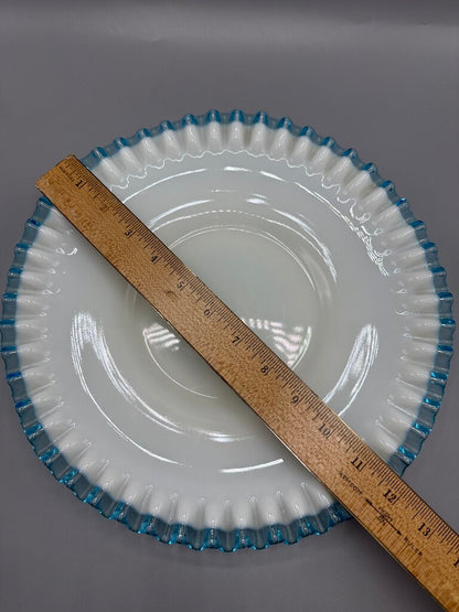 VTG Fenton Aqua Crest Milk Glass Ruffled Edge Platter Cake Plate /rb