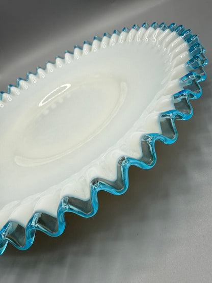VTG Fenton Aqua Crest Milk Glass Ruffled Edge Platter Cake Plate /rb