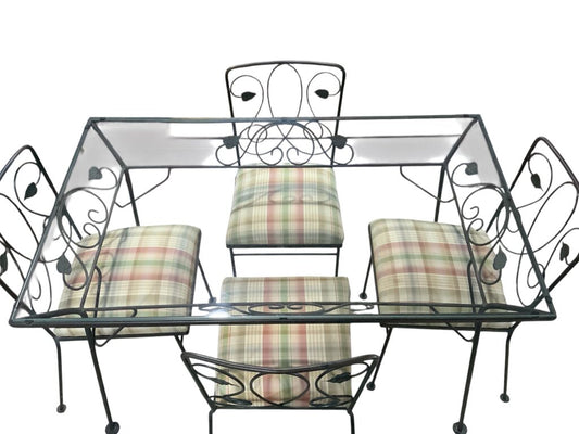 Green And Pink Upholstered Wrought Iron Table And 4 Patio Chairs
