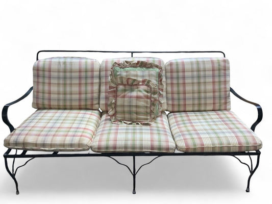 Green And Pink Upholstered Wrought Iron Bench Couch
