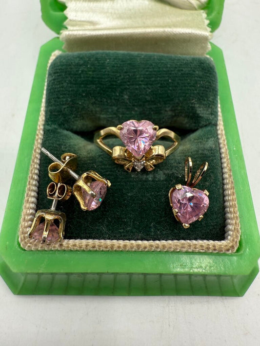 VTG Heart Shape Pink Gemstone Ring 10Kt Pendant 14Kt Pierced Earrings /ro