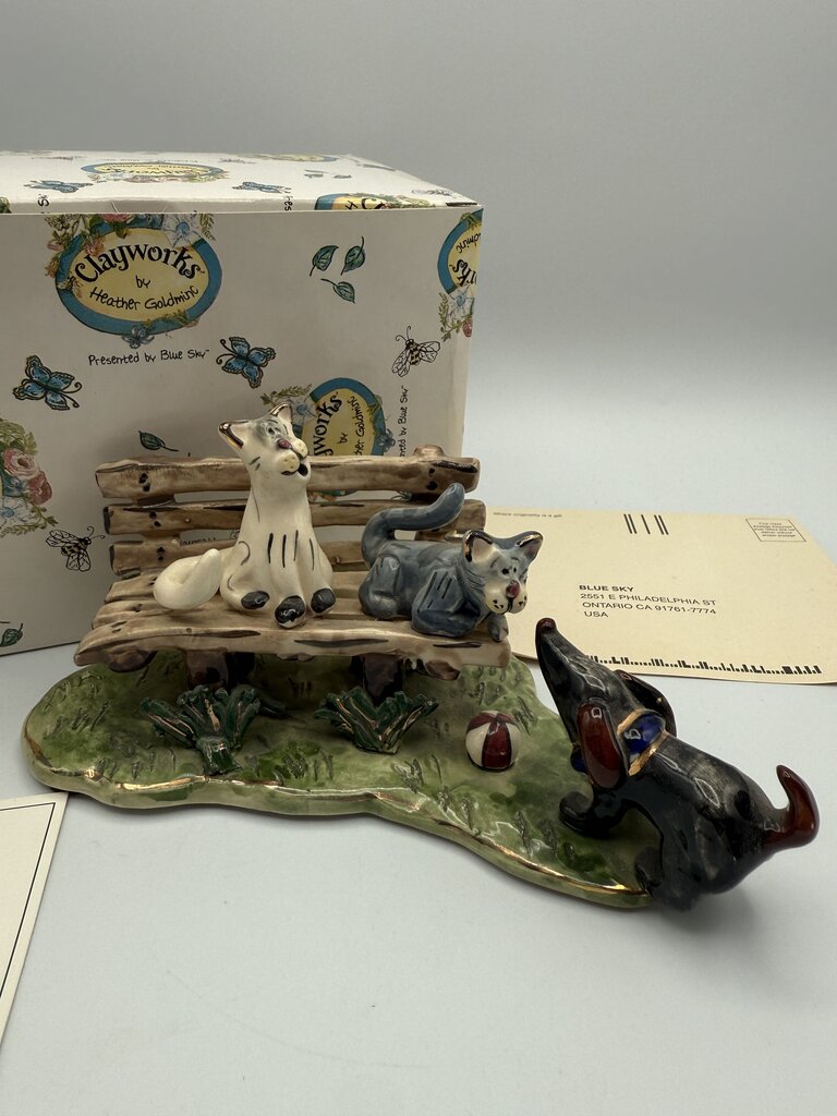 Clay works by Heather Goldminc Sculpture “Cathy’s on Park Bench Meeting Dog /ro