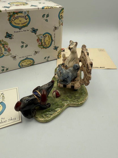 Clay works by Heather Goldminc Sculpture “Cathy’s on Park Bench Meeting Dog /ro