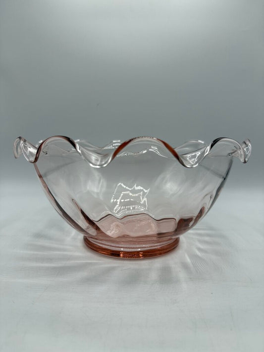 VTG Pink Optic Glass Large Serving Bowl w/Ruffled Edge /roh