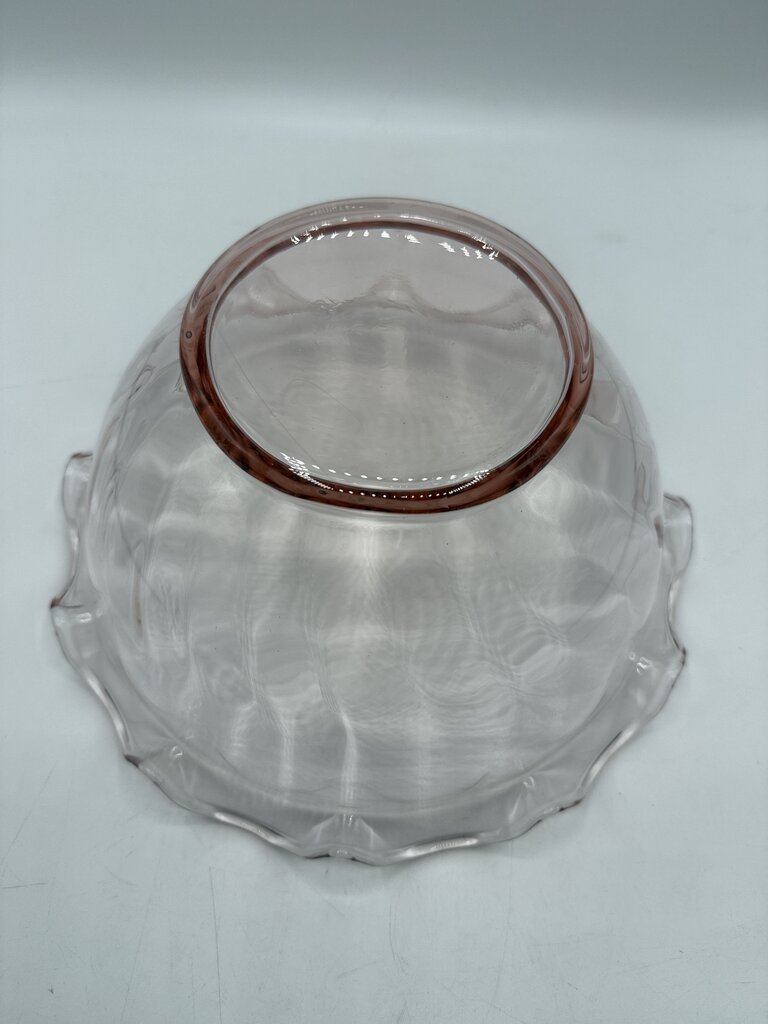 VTG Pink Optic Glass Large Serving Bowl w/Ruffled Edge /roh