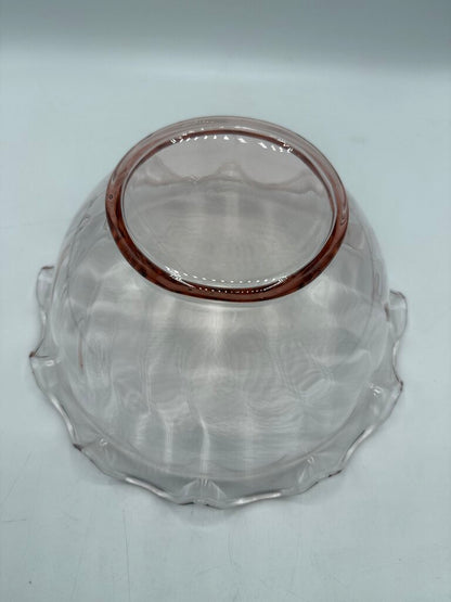 VTG Pink Optic Glass Large Serving Bowl w/Ruffled Edge /roh