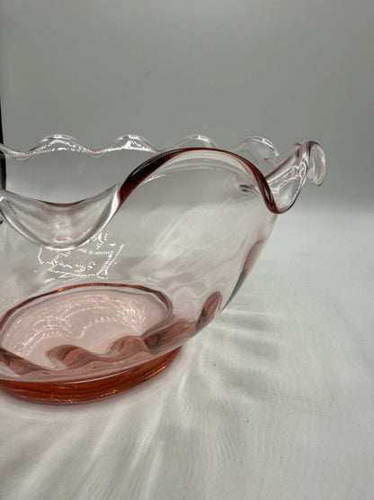 VTG Pink Optic Glass Large Serving Bowl w/Ruffled Edge /roh