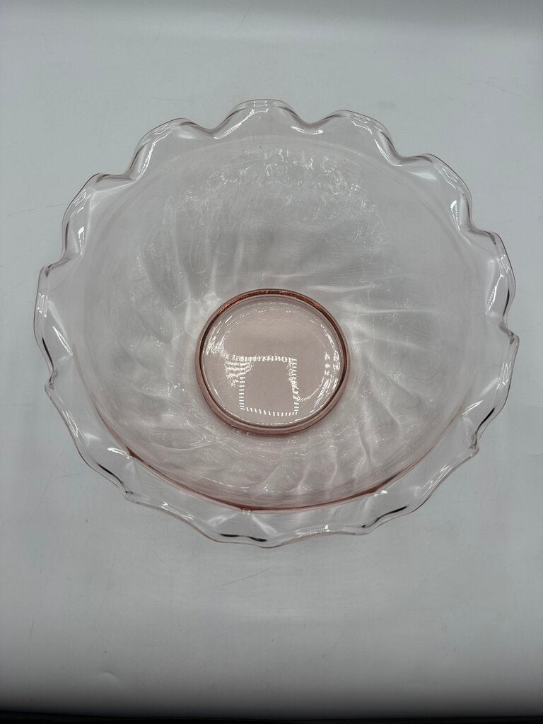 VTG Pink Optic Glass Large Serving Bowl w/Ruffled Edge /roh