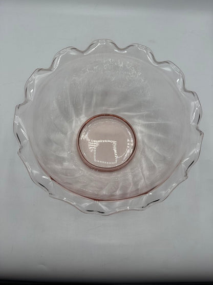VTG Pink Optic Glass Large Serving Bowl w/Ruffled Edge /roh
