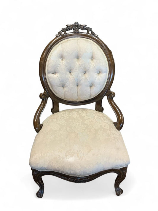 Victorian Creme and Wood Upholstered Chair