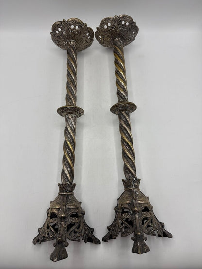 Antique Brass & Silver Plate Candlestick Holders 18” Tall /rw