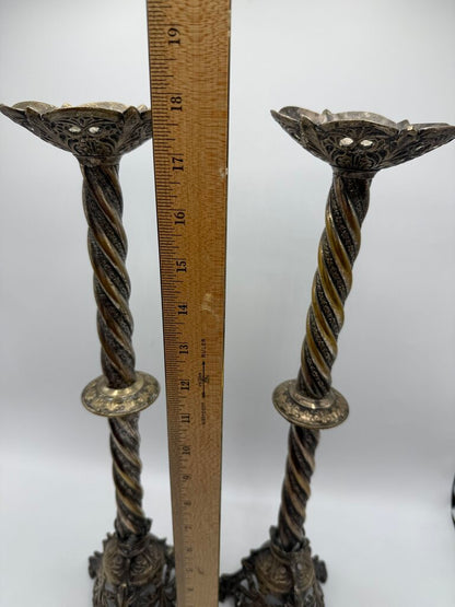 Antique Brass & Silver Plate Candlestick Holders 18” Tall /rw
