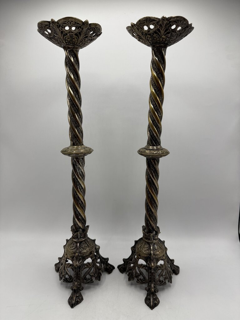 Antique Brass & Silver Plate Candlestick Holders 18” Tall /rw