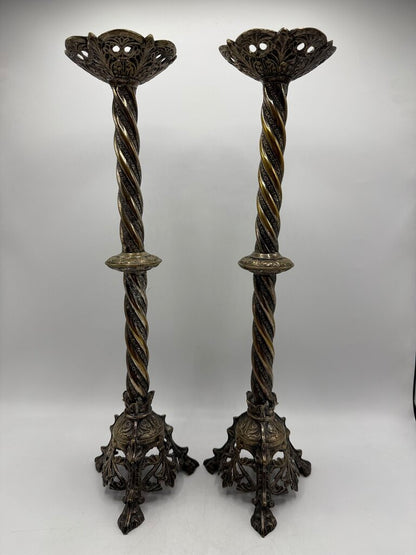 Antique Brass & Silver Plate Candlestick Holders 18” Tall /rw