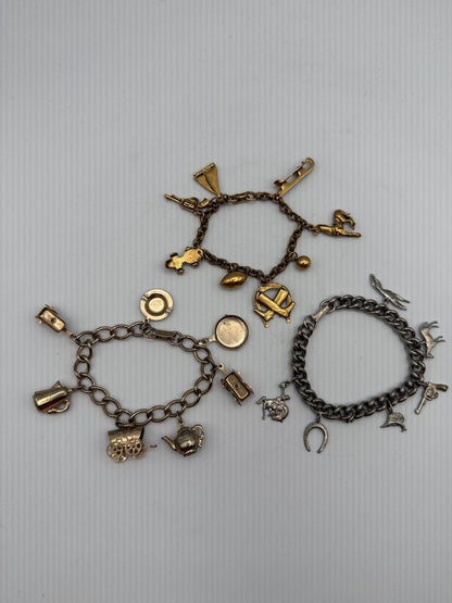 3 Vintage Costume Jewelry Charm Bracelet Western Theme /ro