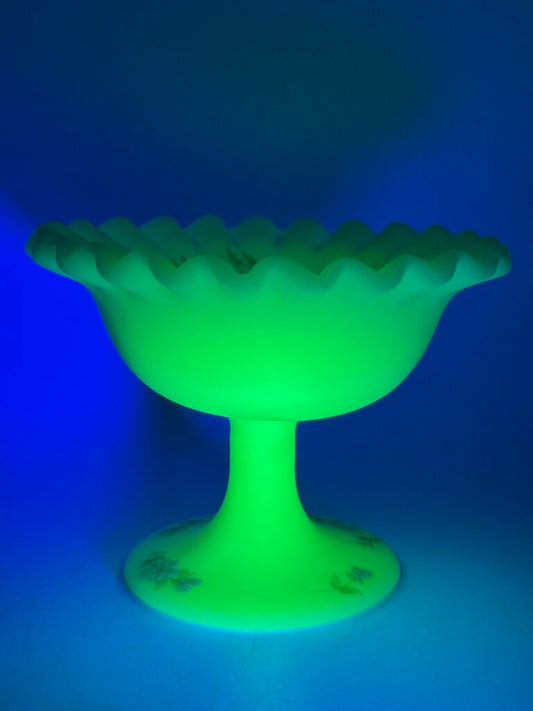 Fenton Custard Uranium Glass Pedestal Dish Ruffles Hand Painted Signed /ro