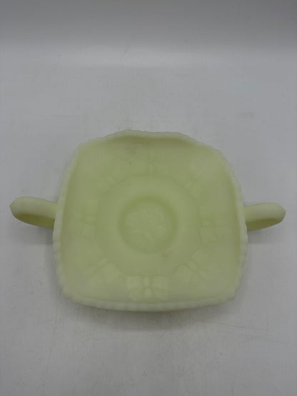 Fenton Custard Butterfly Uranium Glass Double Handle Dish /ro