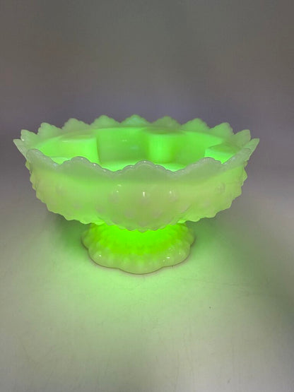 VTG Fenton Custard Uranium Glass Pedestal Hobnail Candle Holder/FlowerFrog 6”