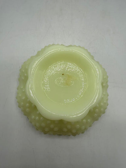 VTG Fenton Custard Uranium Glass Pedestal Hobnail Candle Holder/FlowerFrog 6”