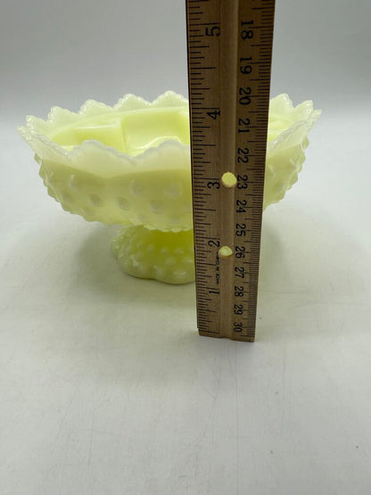 VTG Fenton Custard Uranium Glass Pedestal Hobnail Candle Holder/FlowerFrog 6”