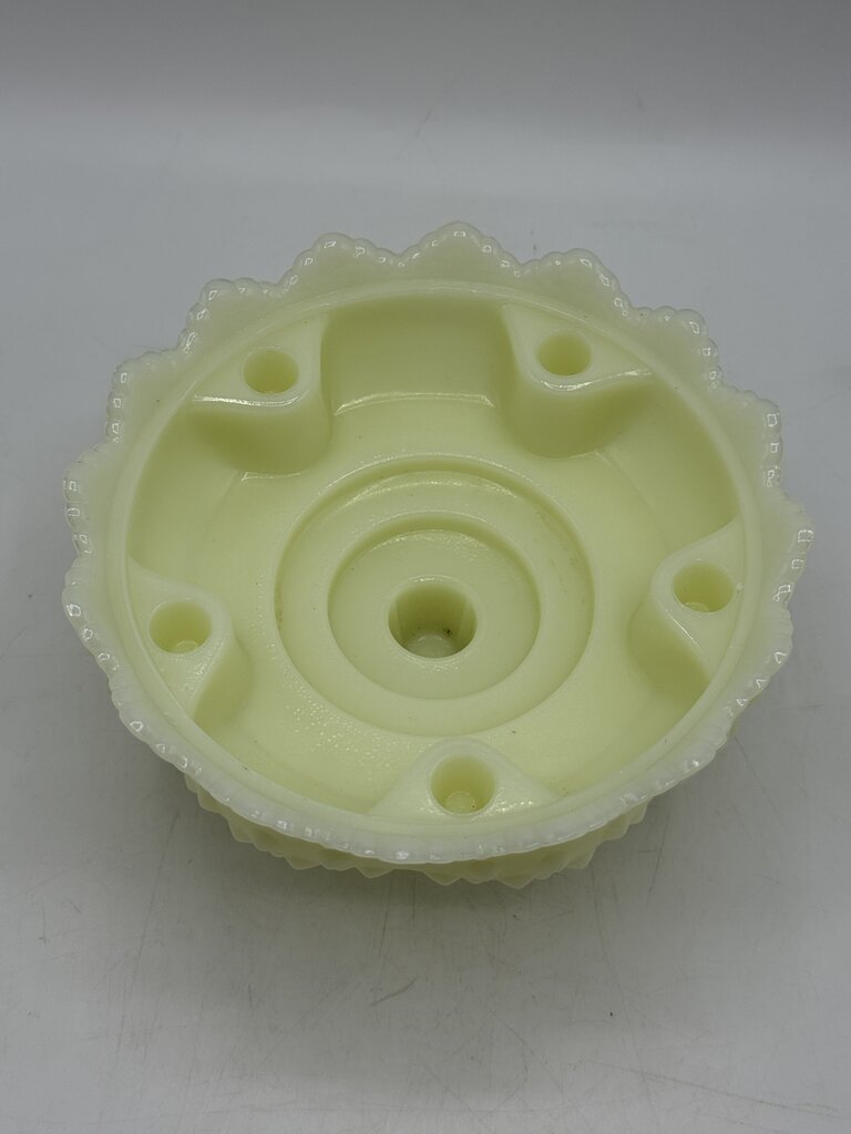 VTG Fenton Custard Uranium Glass Pedestal Hobnail Candle Holder/FlowerFrog 6”