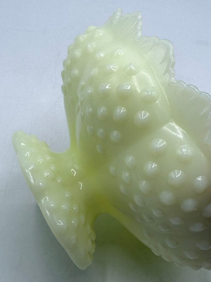 VTG Fenton Custard Uranium Glass Pedestal Hobnail Candle Holder/FlowerFrog 6”