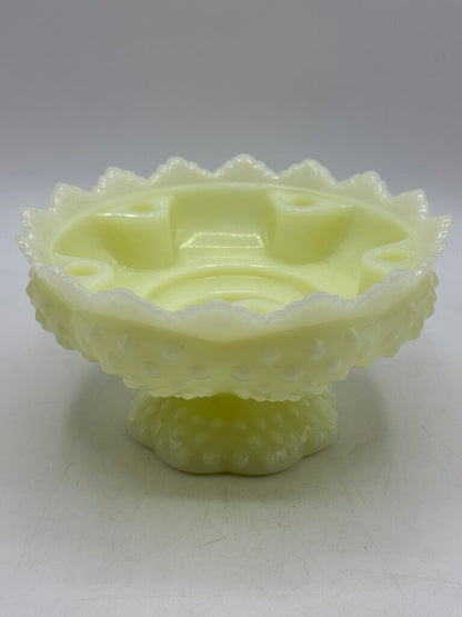 VTG Fenton Custard Uranium Glass Pedestal Hobnail Candle Holder/FlowerFrog 6”
