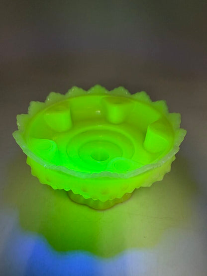 VTG Fenton Custard Uranium Glass Pedestal Hobnail Candle Holder/FlowerFrog 6”