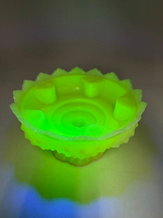 VTG Fenton Custard Uranium Glass Pedestal Hobnail Candle Holder/FlowerFrog 6”