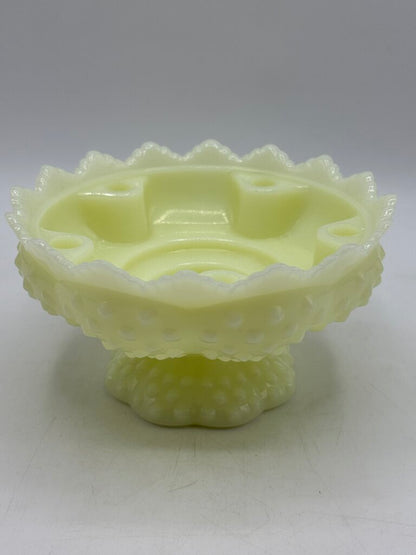 VTG Fenton Custard Uranium Glass Pedestal Hobnail Candle Holder/FlowerFrog 6”