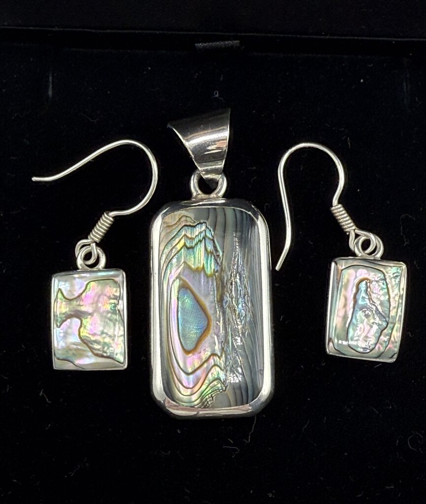 Abalone Shell Sterling Silver Pendant & Pierced Dangle Earrings /ro