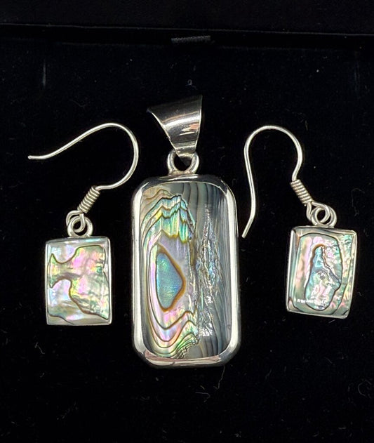 Abalone Shell Sterling Silver Pendant & Pierced Dangle Earrings /ro
