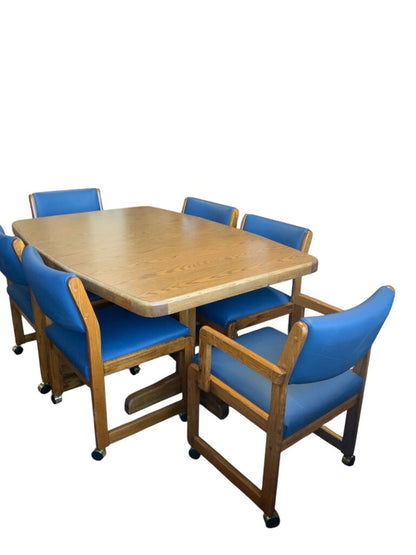 Table With Leaf And 6 Blue Chairs