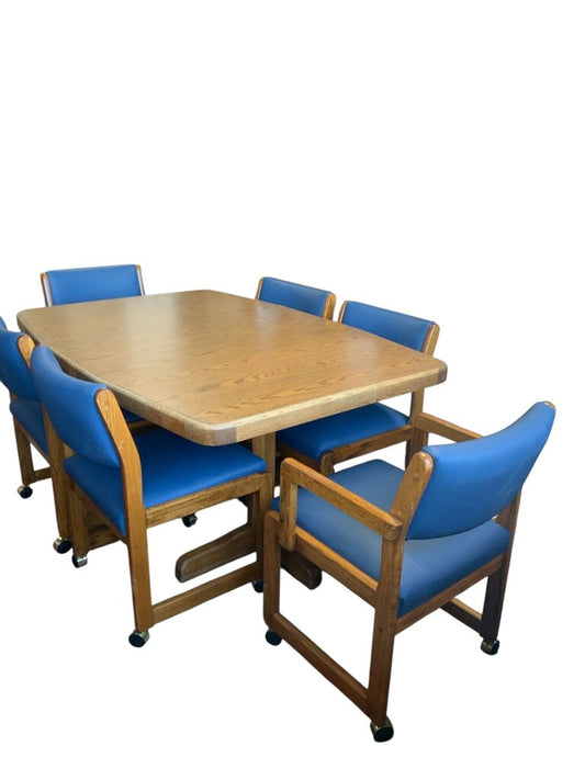 Table With Leaf And 6 Blue Chairs