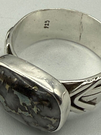 Sterling Silver Horizontal Mount Black & White Natural Stone Ring Size 10 /ro