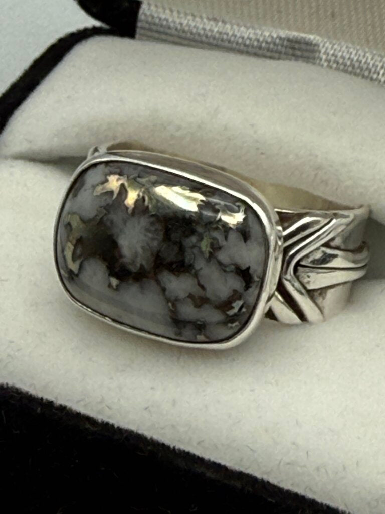 Sterling Silver Horizontal Mount Black & White Natural Stone Ring Size 10 /ro