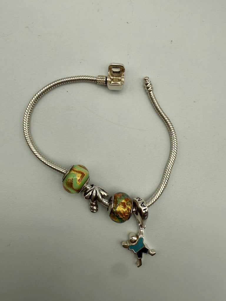 Chamilia Sterling Silver Snap Clasp Snake Chain Bracelet w/4 Charms /ro