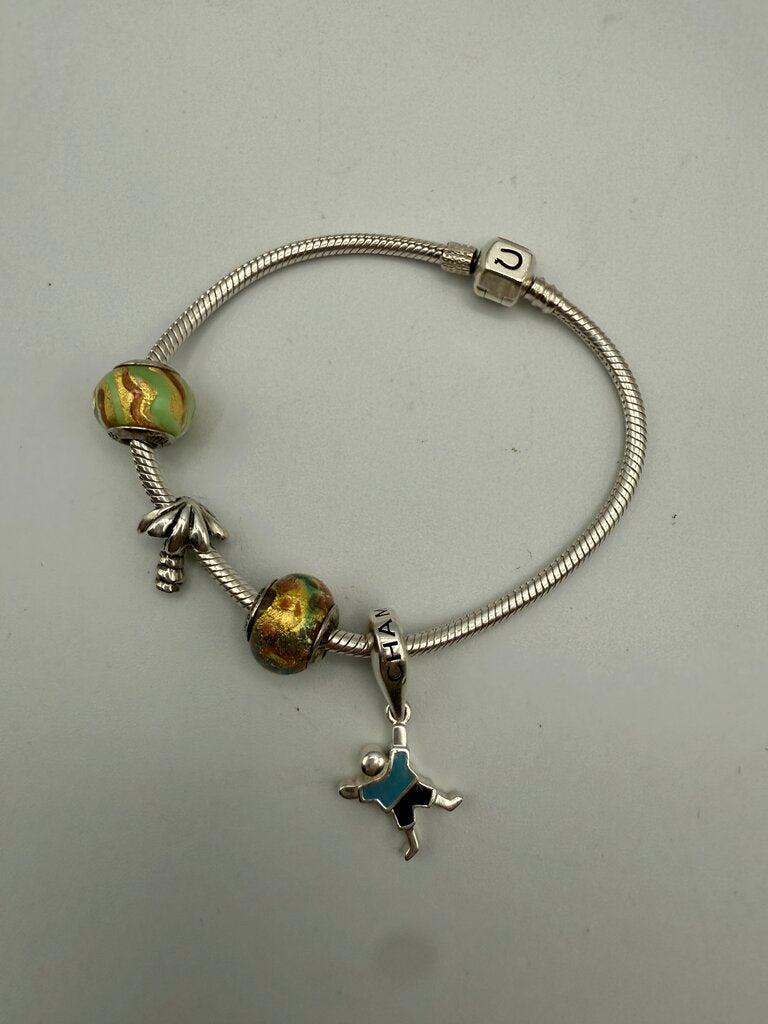 Chamilia Sterling Silver Snap Clasp Snake Chain Bracelet w/4 Charms /ro