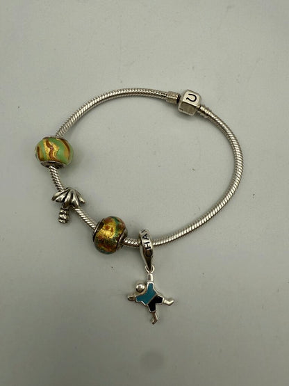 Chamilia Sterling Silver Snap Clasp Snake Chain Bracelet w/4 Charms /ro