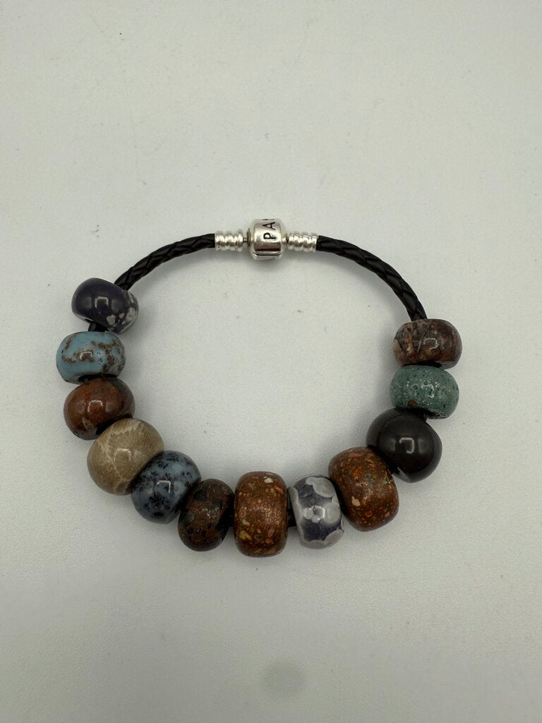 Pandora Black Leather Bracelet Sterling Snap Clasp 12 Stone Beads /ro