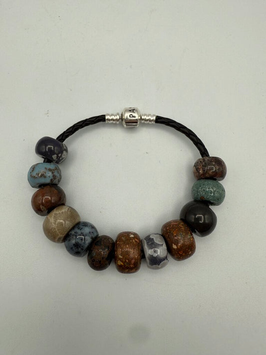 Pandora Black Leather Bracelet Sterling Snap Clasp 12 Stone Beads /ro