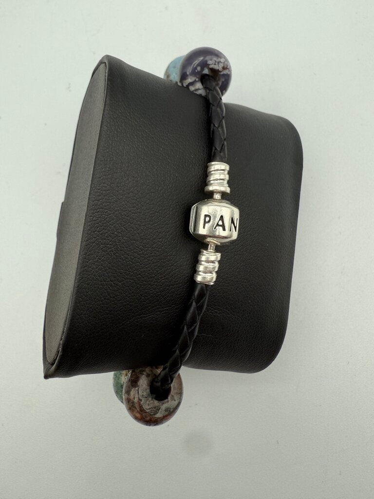 Pandora Black Leather Bracelet Sterling Snap Clasp 12 Stone Beads /ro