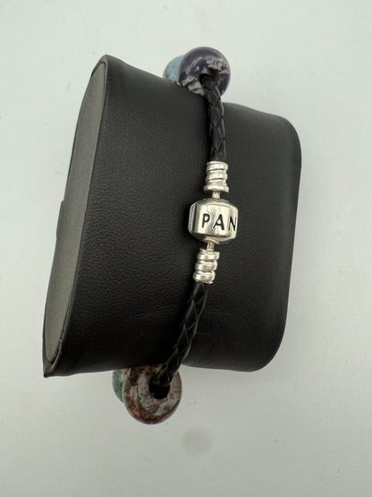 Pandora Black Leather Bracelet Sterling Snap Clasp 12 Stone Beads /ro