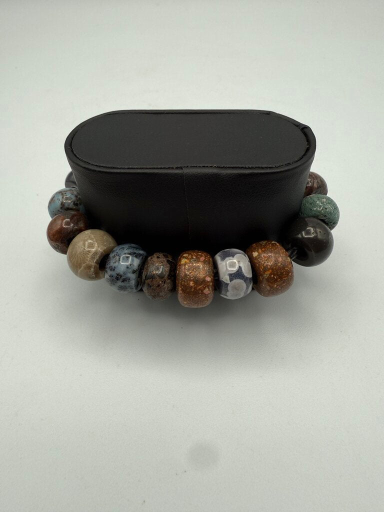 Pandora Black Leather Bracelet Sterling Snap Clasp 12 Stone Beads /ro