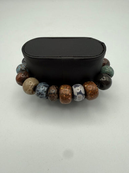 Pandora Black Leather Bracelet Sterling Snap Clasp 12 Stone Beads /ro