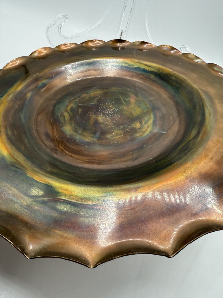 Handmade Scalloped Edge Copper Plate 12” Artist Signed /rw