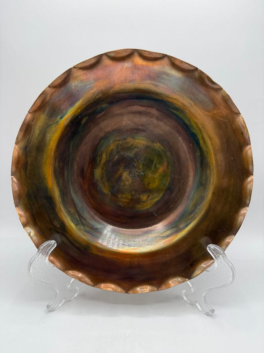 Handmade Scalloped Edge Copper Plate 12” Artist Signed /rw