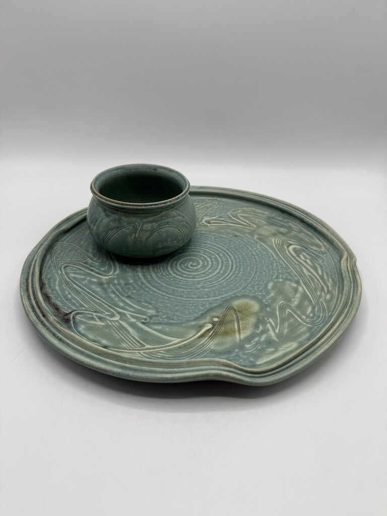 Handmade Pottery Tray w/Attached Bowl Charcuterie 12” Dia /rw