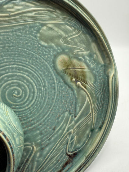 Handmade Pottery Tray w/Attached Bowl Charcuterie 12” Dia /rw